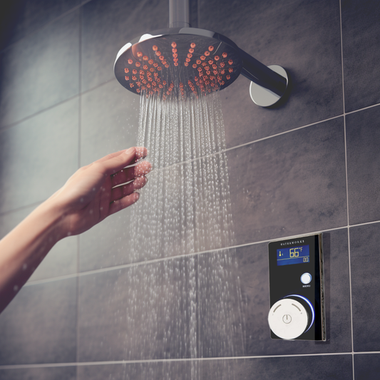 Waterworks Black & Brass LED Digital Display Smart Thermostatic Shower Mixer